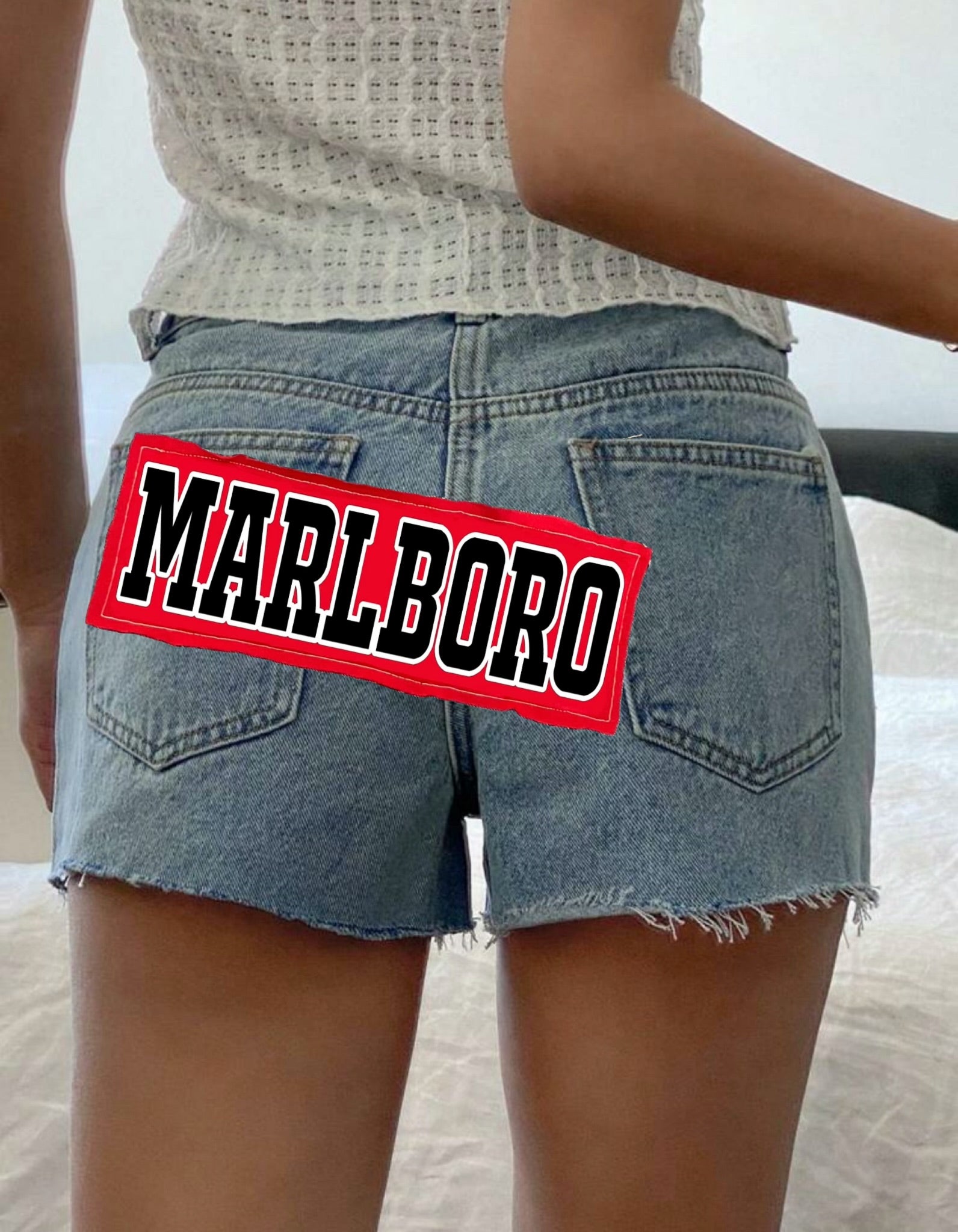 Cutoff Denim Shorts with Back Patch