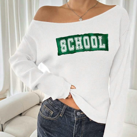 Sewn Patch Off Shoulder Knit Long Sleeve