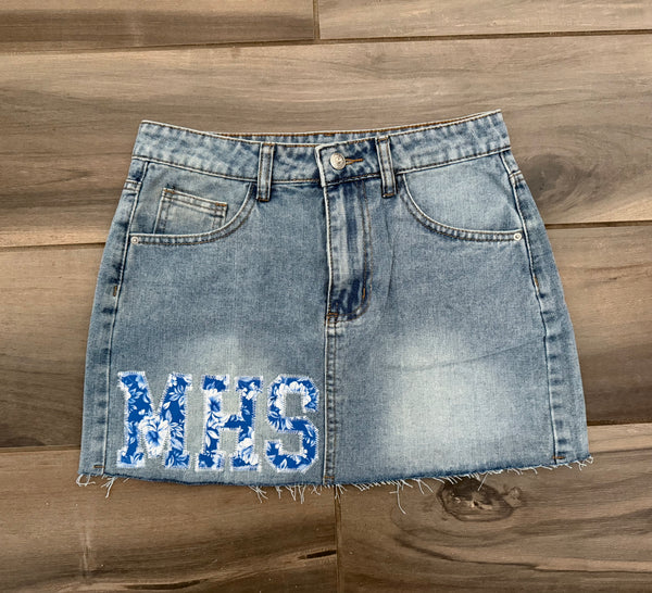 Denim Mini Skirt with Hand Stitched Patches