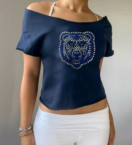 Off Shoulder Rhinestone Logo Tee