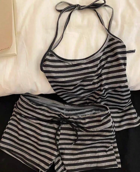 Striped Halter Tank And Shorts Set