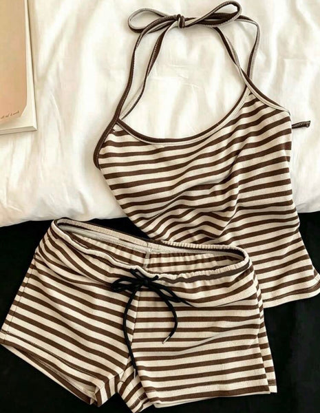 Striped Halter Tank And Shorts Set