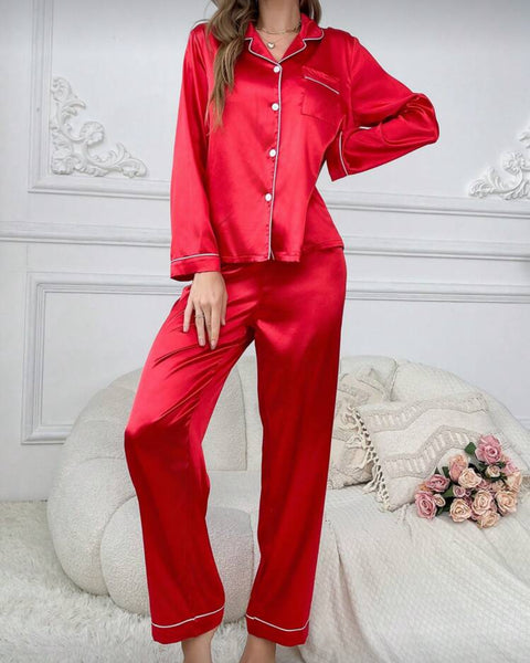 Satin Long Sleeve Shirt and Pants Pajama Set