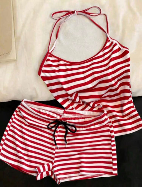 Striped Halter Tank And Shorts Set
