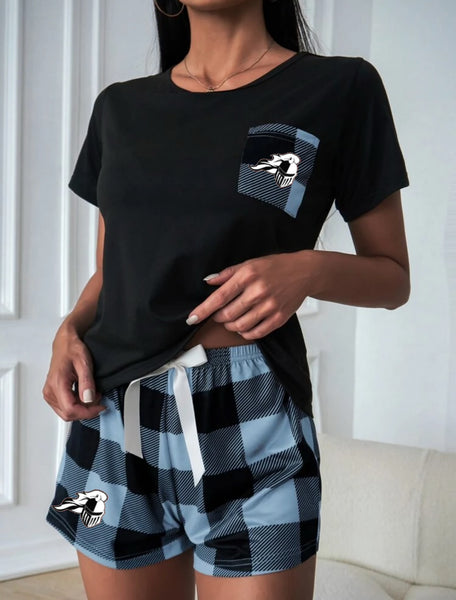 Plaid Pocket T Shirt and Shorts PJ Set