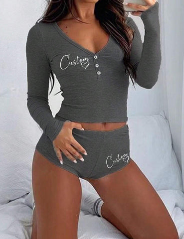 Button Long Sleeve and Shorts Set Script Heart