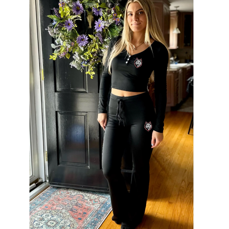 Black Button Long Sleeve and Straight Leg Pants Lounge Set