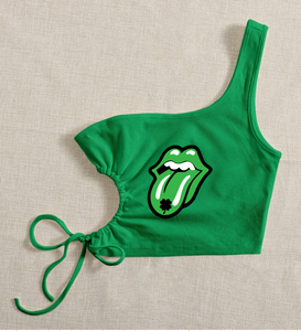 Shamrock Tongue One Shoulder Cut out Crop Top