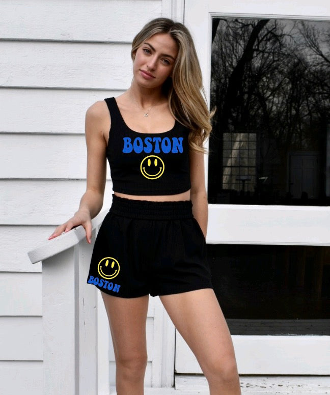 Smiley Face Crop Top and Shorts Lounge Set